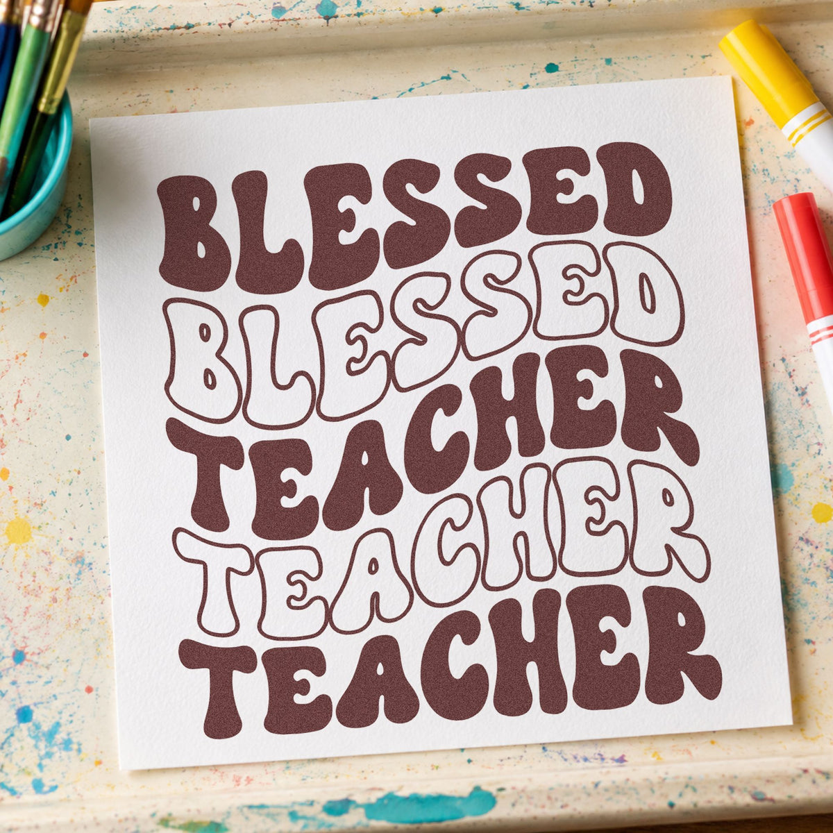 Blessed Teacher Repeated Rows rubber stamp printed in brown ink, ready for hymn shelf labels and similar paper crafts.