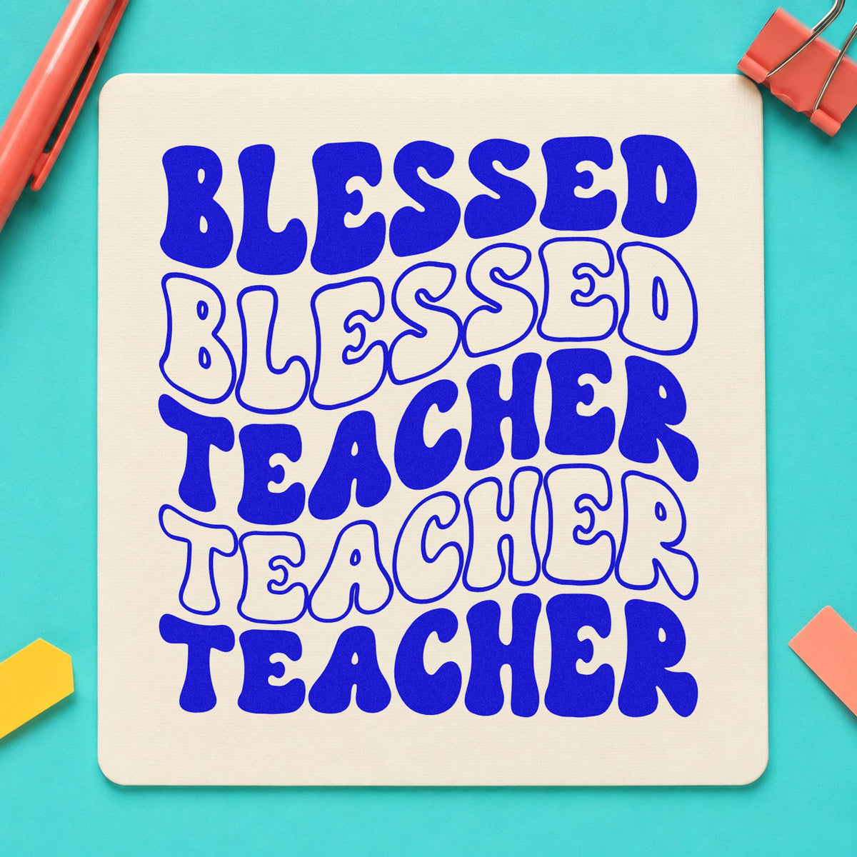Blessed Teacher Repeated Rows craft stamp in blue ink on cardstock, an easy option for choir robe panels.