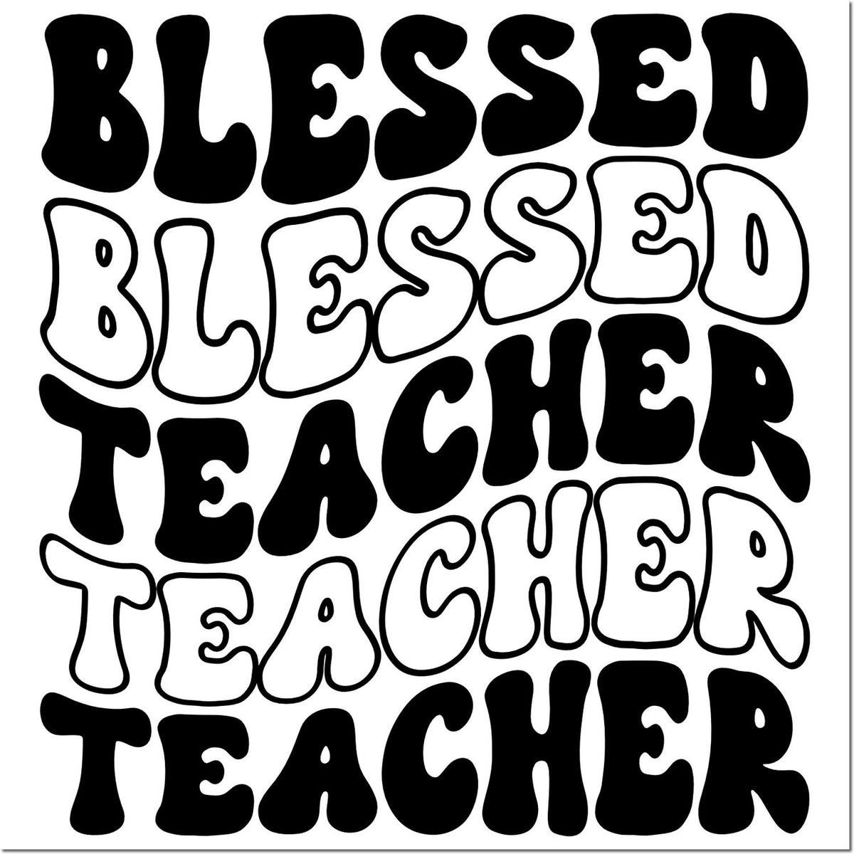 Black and outlined bubble-letter Blessed Teacher stamp and seal design repeated on white background.