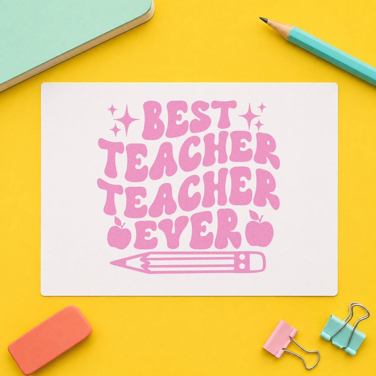 Best Teacher Teacher Ever craft stamp in purple ink on cardstock, an easy option for silly award tags.