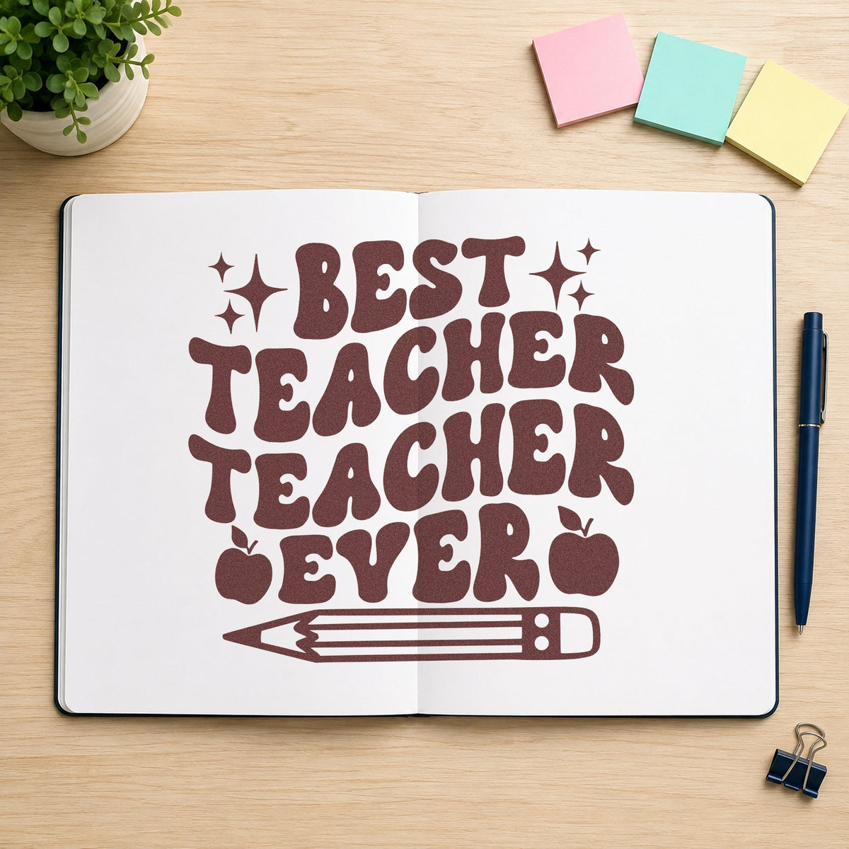 Best Teacher Teacher Ever rubber stamp printed in brown ink, ready for trophy base labels and similar paper crafts.