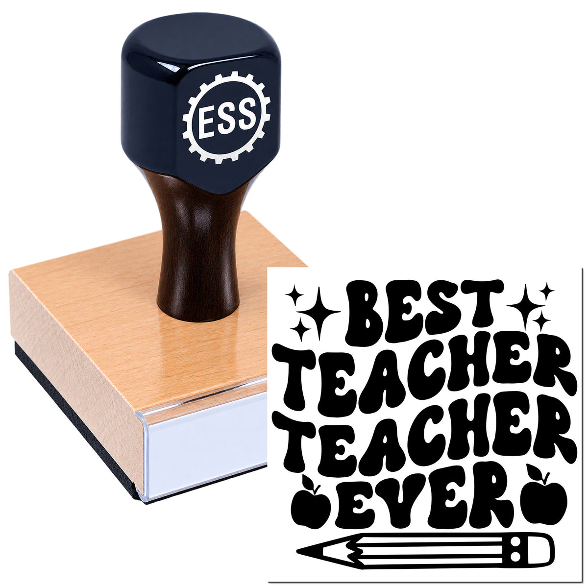 Dark navy teacher stamp and seal on a pink wooden block, with black "Best Teacher Ever" text, apples, and pencil.