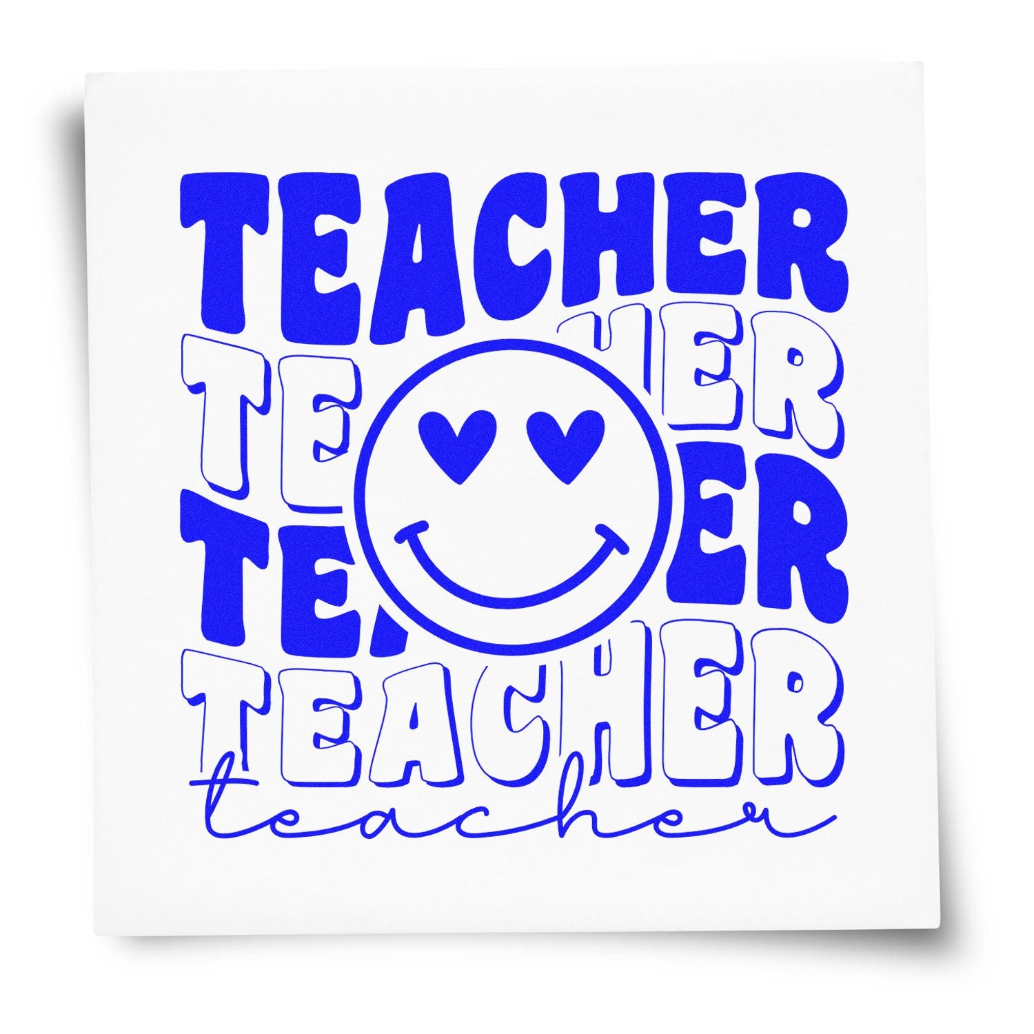 Blue teacher stamp and seal design with smiling face, heart eyes, and bold retro lettering on white.