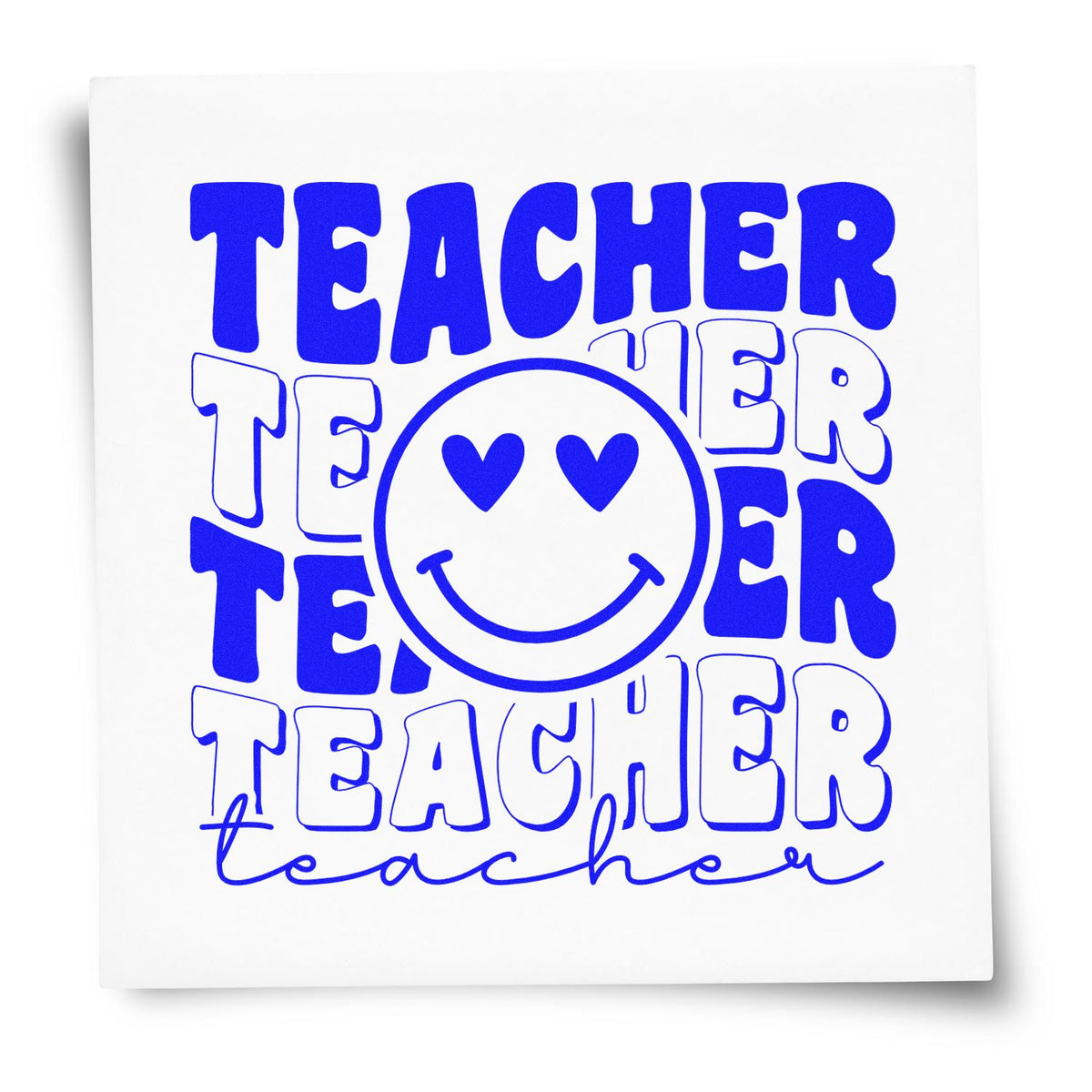 Blue teacher stamp seal design with smiley face and heart eyes on white card