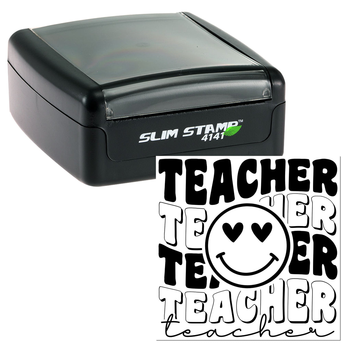 Black Slim Stamp 4141 self-inking stamp with gray cap and teacher seal design featuring a smiley face and hearts.