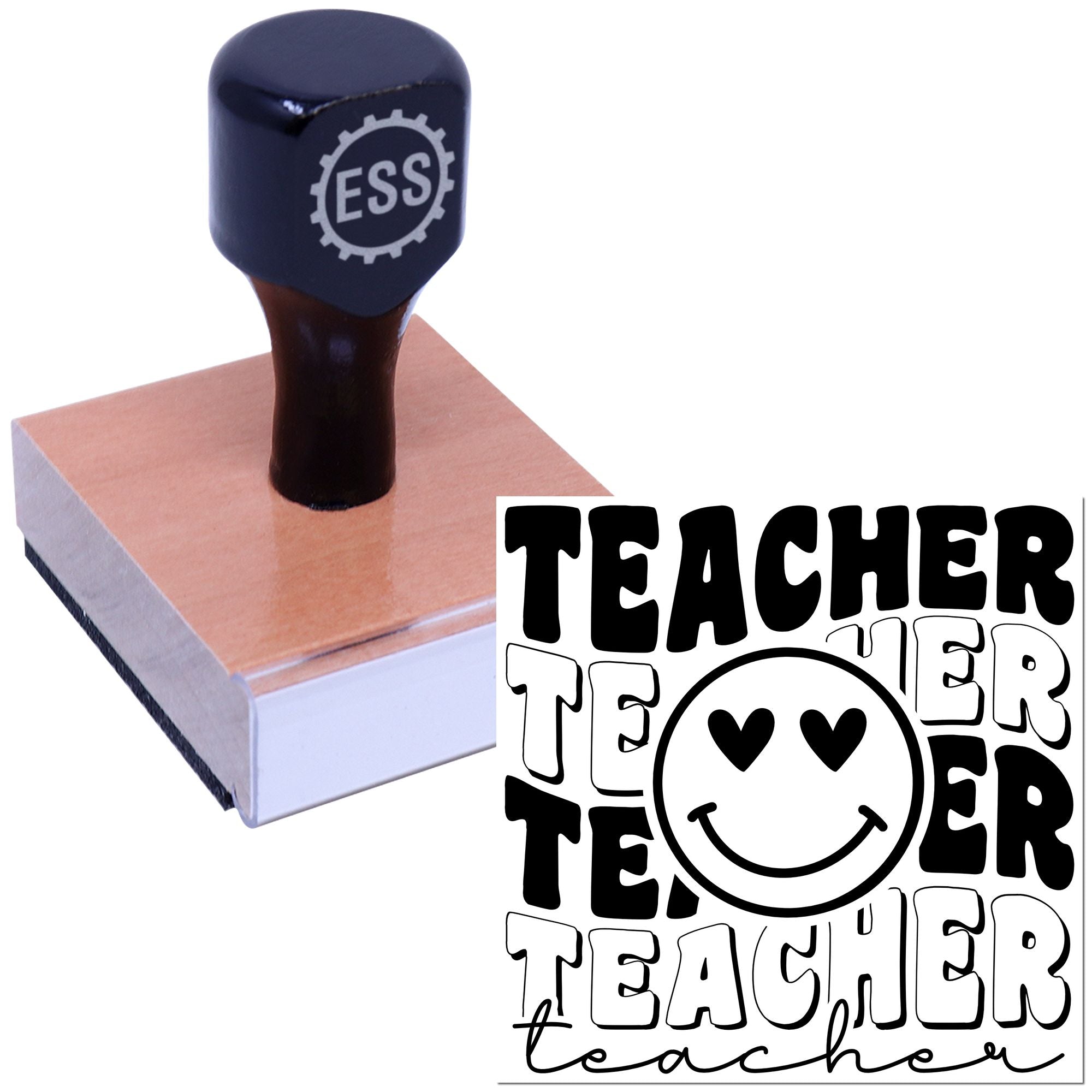 Black ESS rubber stamp seal on tan block, featuring bold black-and-white Teacher Teacher Teacher and smiley face design.