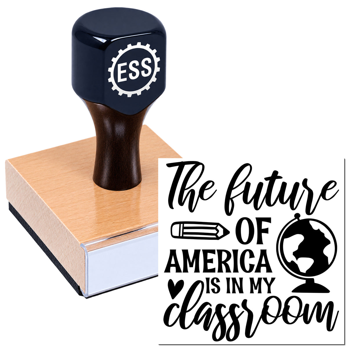 Black ESS stamp on copper seal block beside "The future of America is in my classroom" with globe and pencil design.