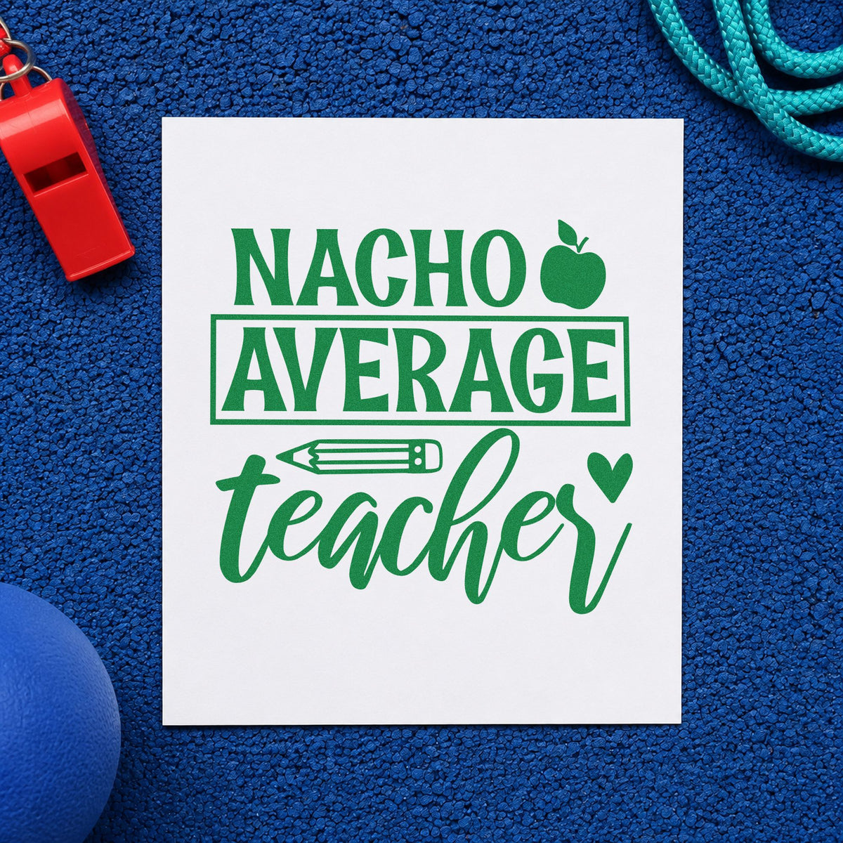 Nacho Average Teacher Apple craft stamp imprint in green ink on a handmade project, one idea being score sheet pages.