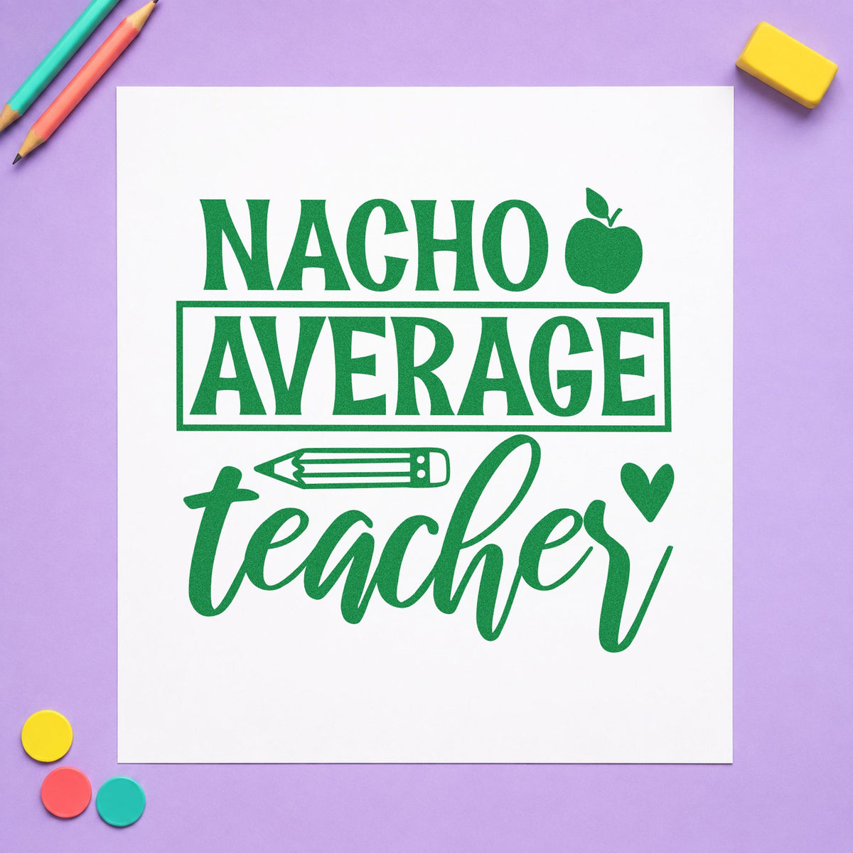 Nacho Average Teacher Apple craft stamp imprint in green ink on a handmade project, one idea being framed games cupboard.