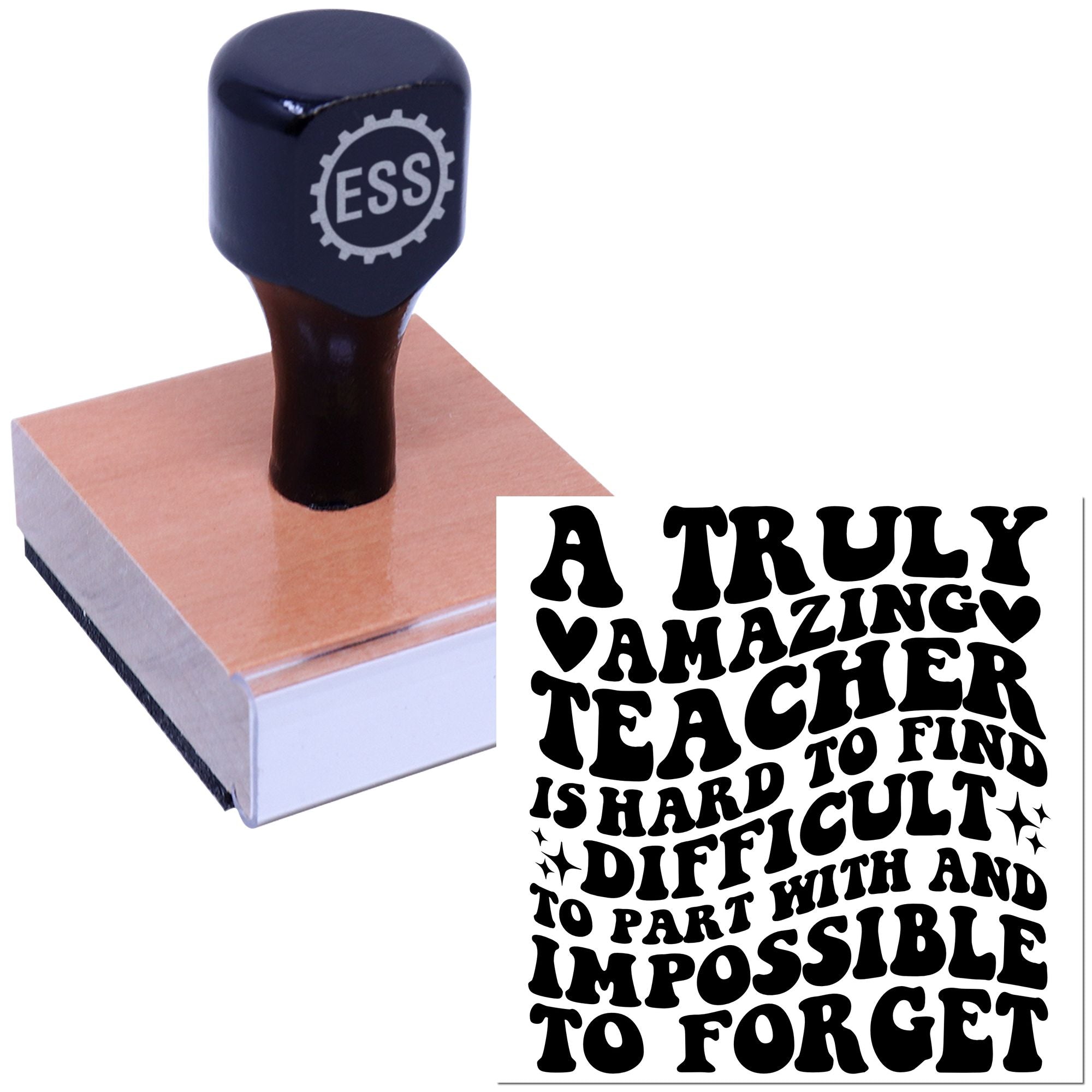 Black ESS rubber stamp on a pink seal block, with bold teacher appreciation text and heart icons.