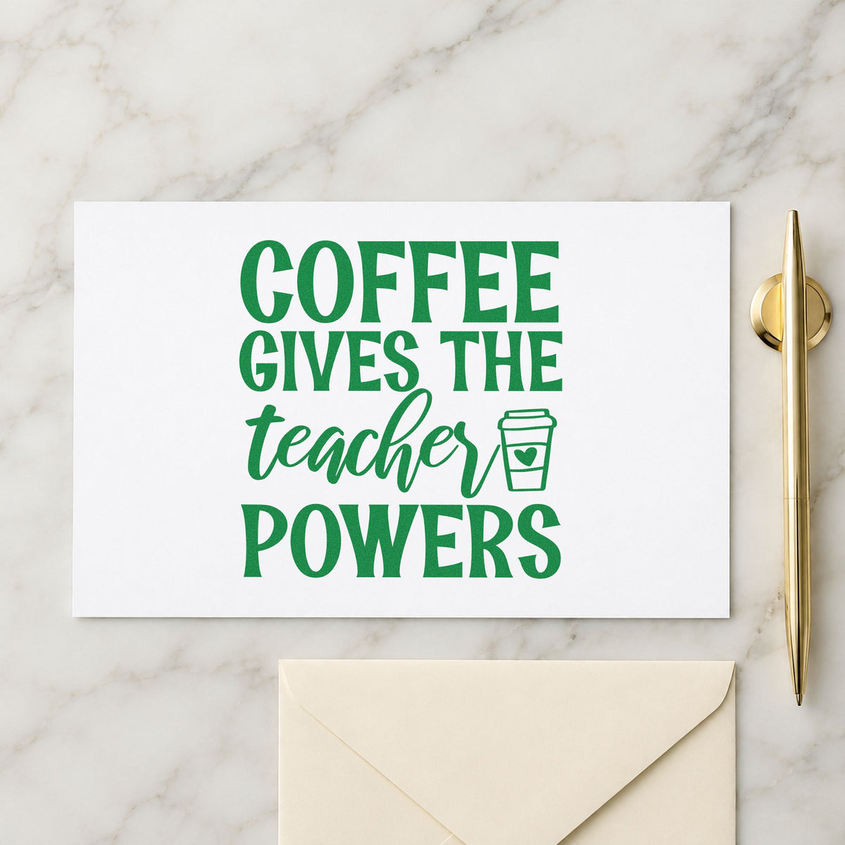 Coffee Gives Teacher Powers craft stamp imprint in green ink on a handmade project, one idea being framed desk corner.