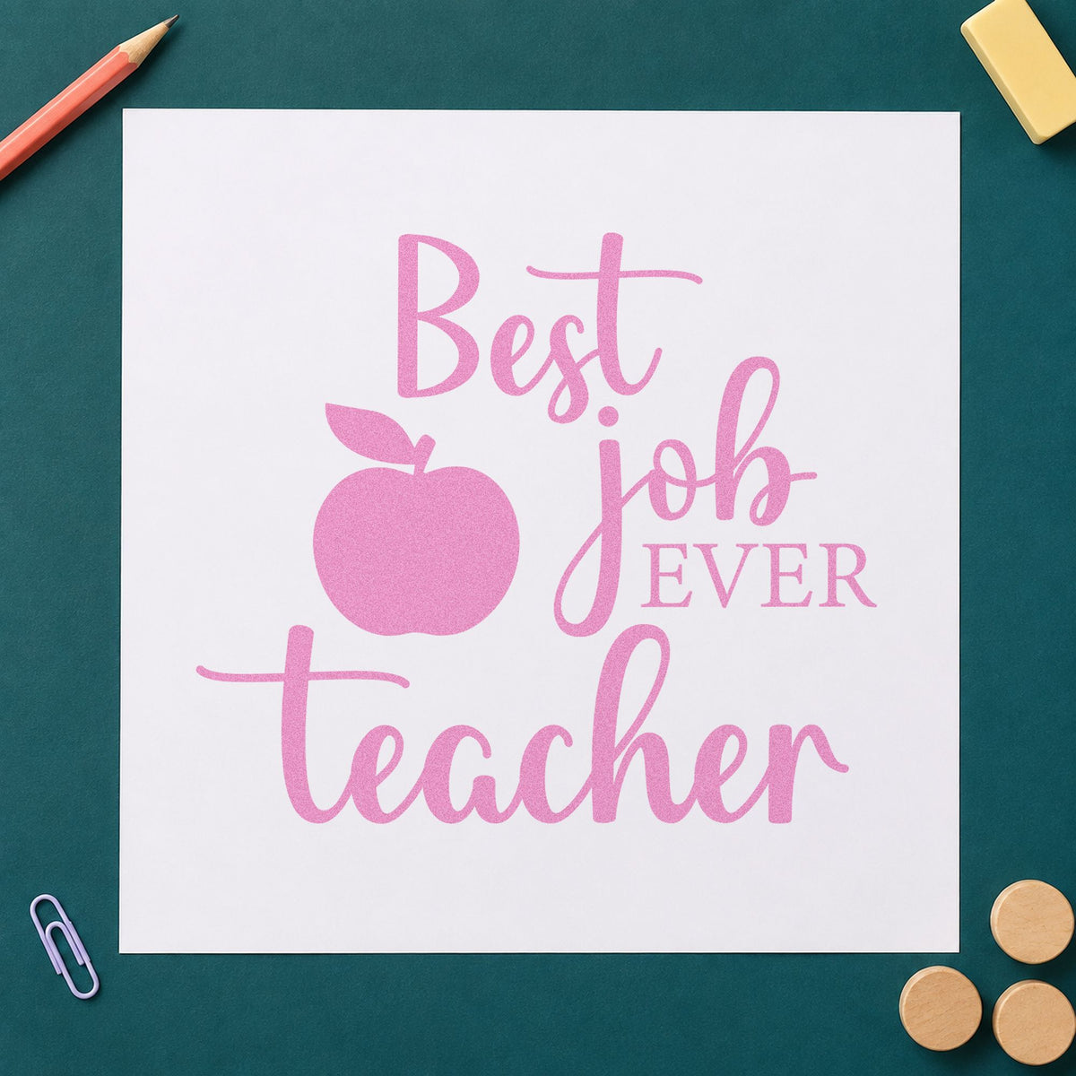 Best Job Ever Teacher craft stamp in purple ink on cardstock, an easy option for anniversary tags.