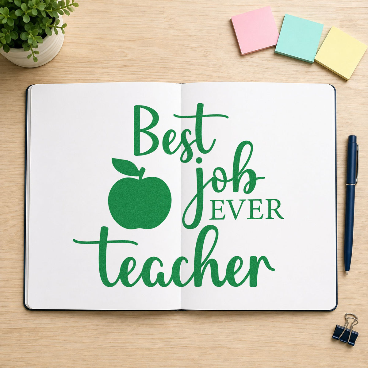 Best Job Ever Teacher craft stamp imprint in green ink on a handmade project, one idea being reflection pages.