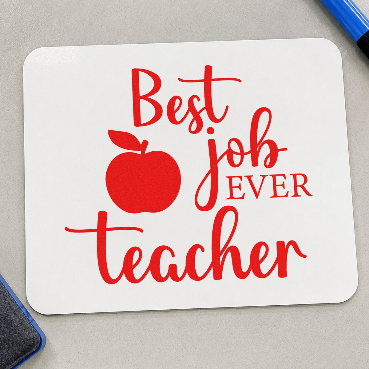 Best Job Ever Teacher rubber stamp shown in red ink, stamped for projects such as ten year notes.