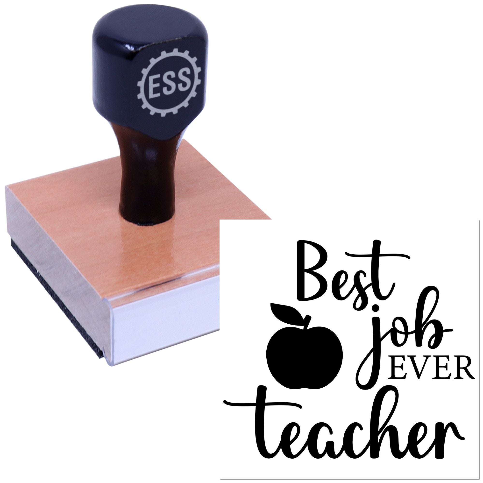 Dark navy ESS stamp and seal on a pink wooden block, featuring a black Best Teacher Ever apple design.