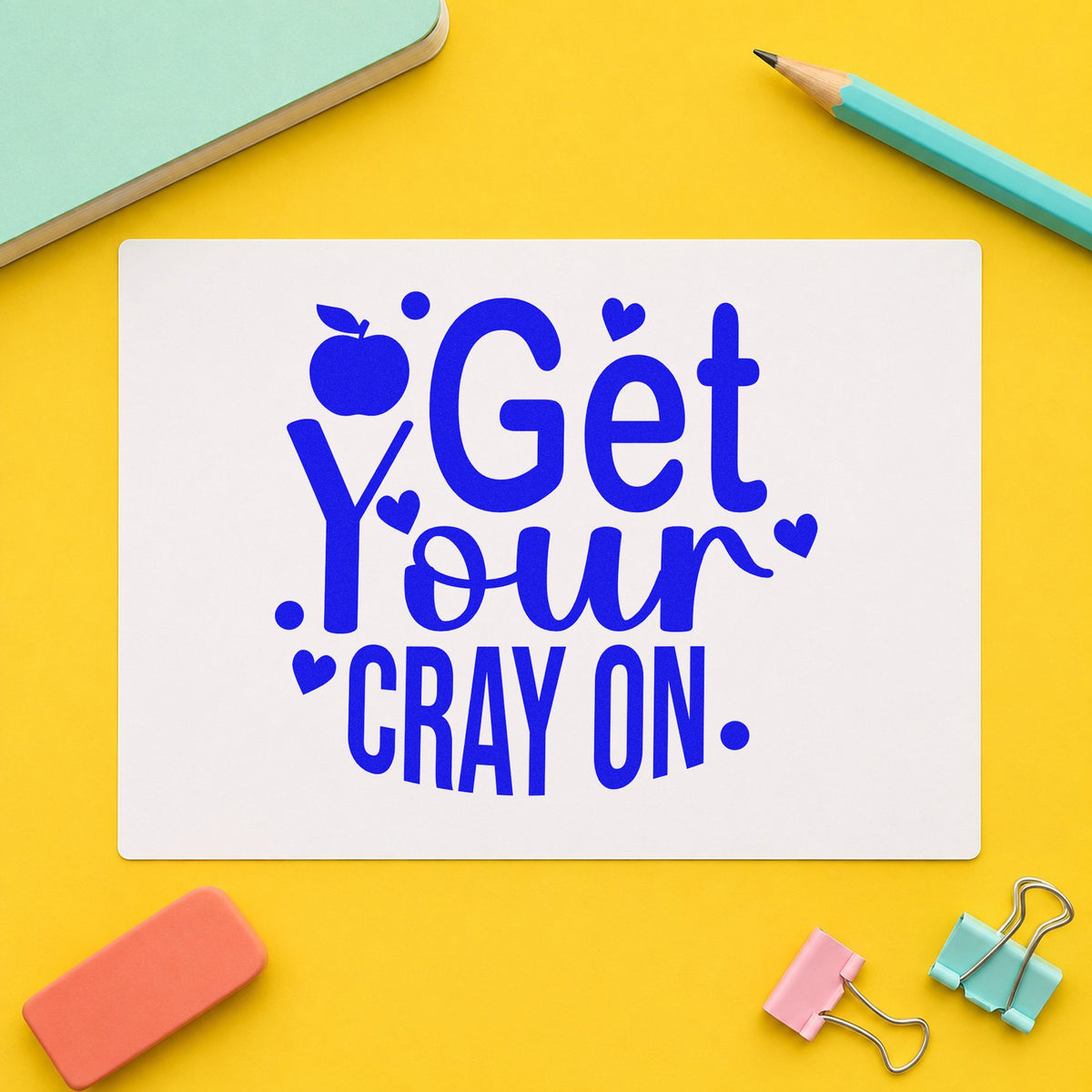 Get Your Cray On craft stamp imprinted in blue ink on paper, a design suited to art pack seals.