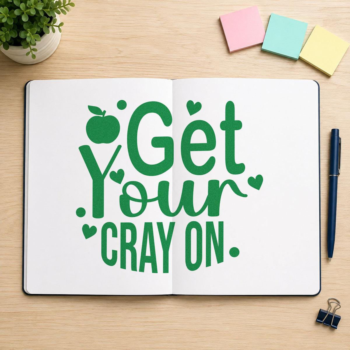 Get Your Cray On craft stamp imprint in green ink on a handmade project, one idea being framed color corner.