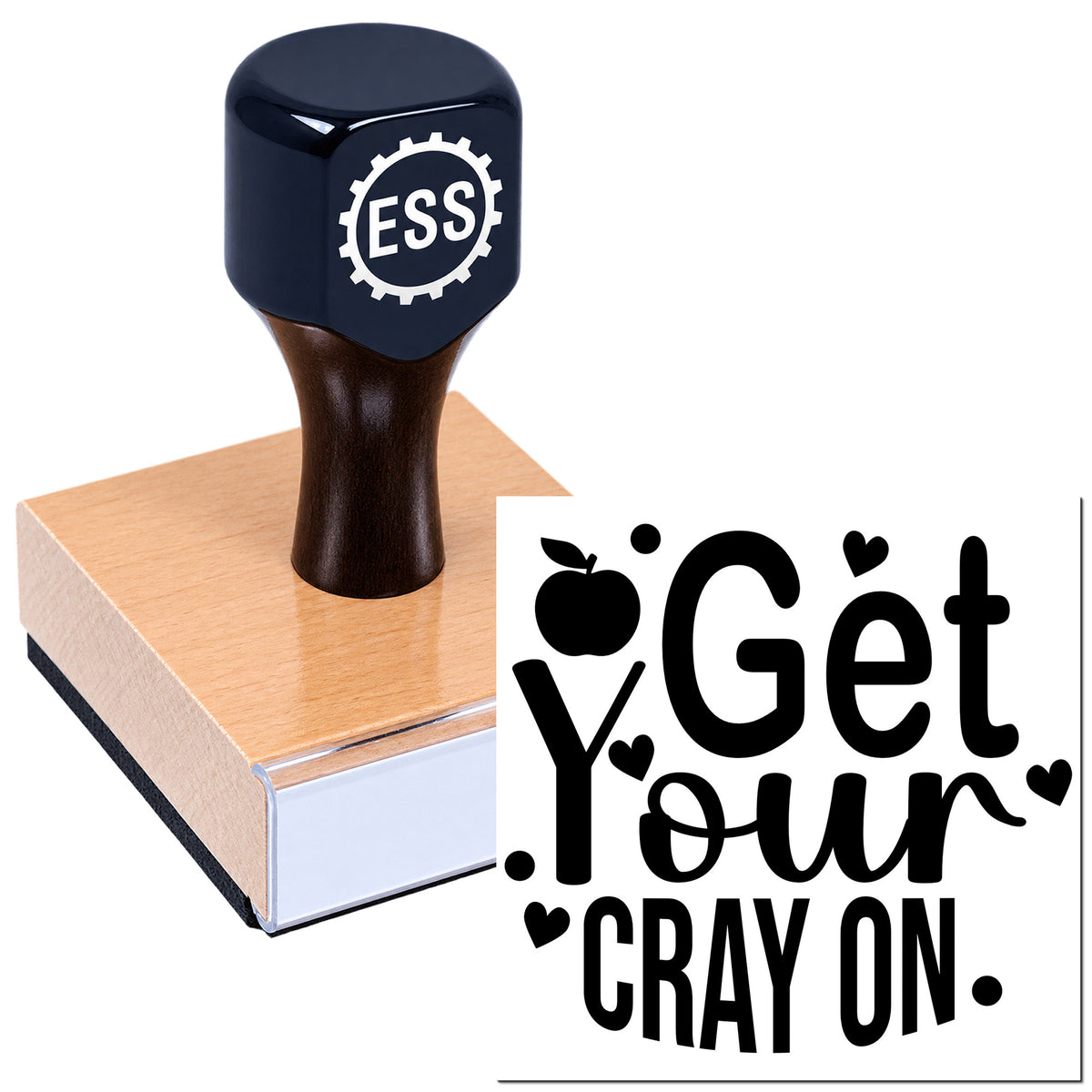 Black rubber stamp with ESS logo on peach seal block, printing "Get your cray on" in bold black on white.