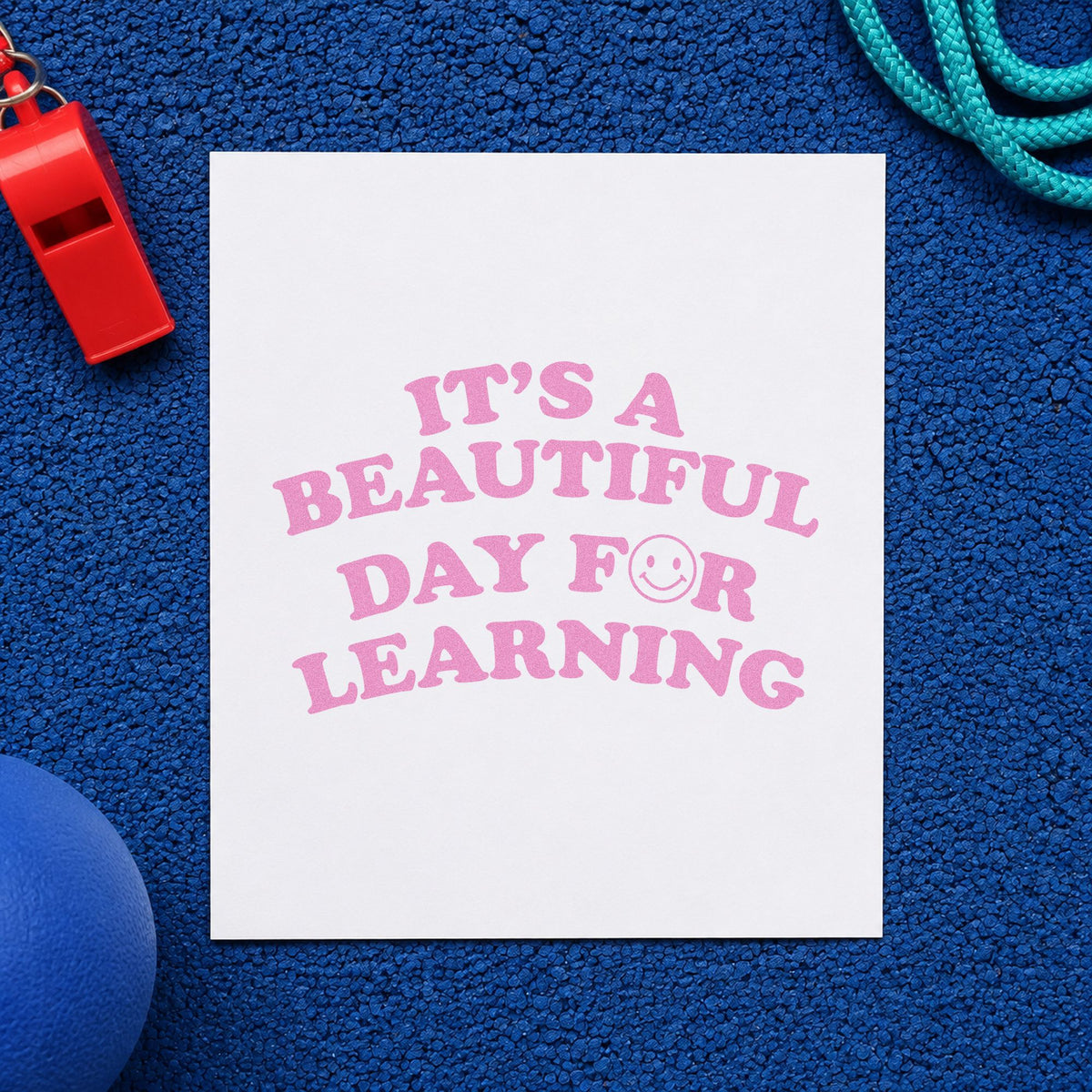 Beautiful Day For Learning Smile craft stamp in purple ink on cardstock, an easy option for good news tags.