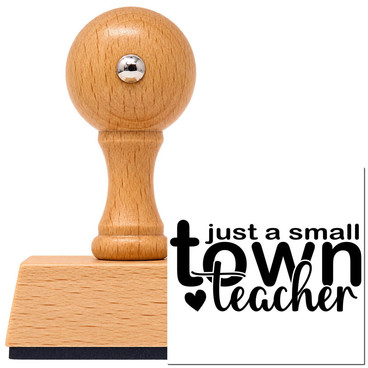Vintage Pro beech wood stamp with a round knob handle, shown with its black Small Town Teacher imprint on white.