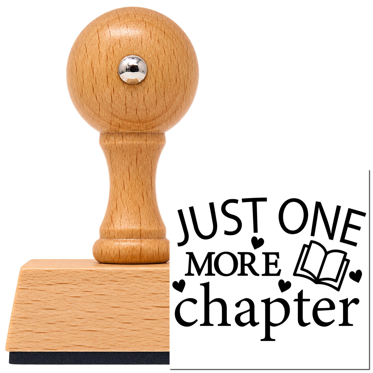 Vintage Pro beech wood stamp with a round knob handle, shown with its black Just One More Chapter Book imprint on white.