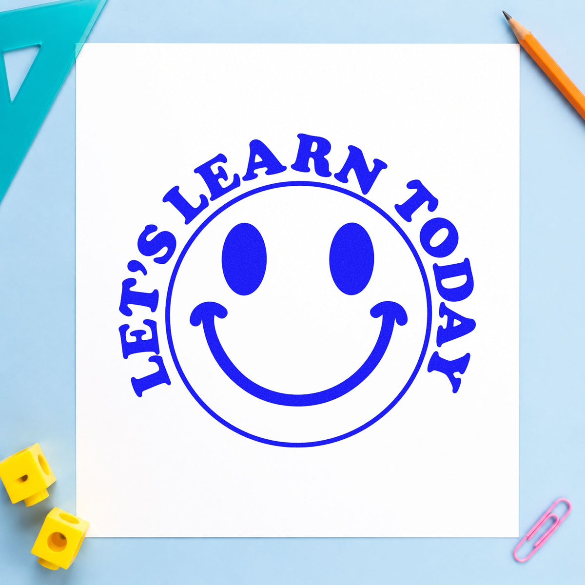 Let's Learn Today Smile craft stamp in blue ink on cardstock, an easy option for door curtain panels.
