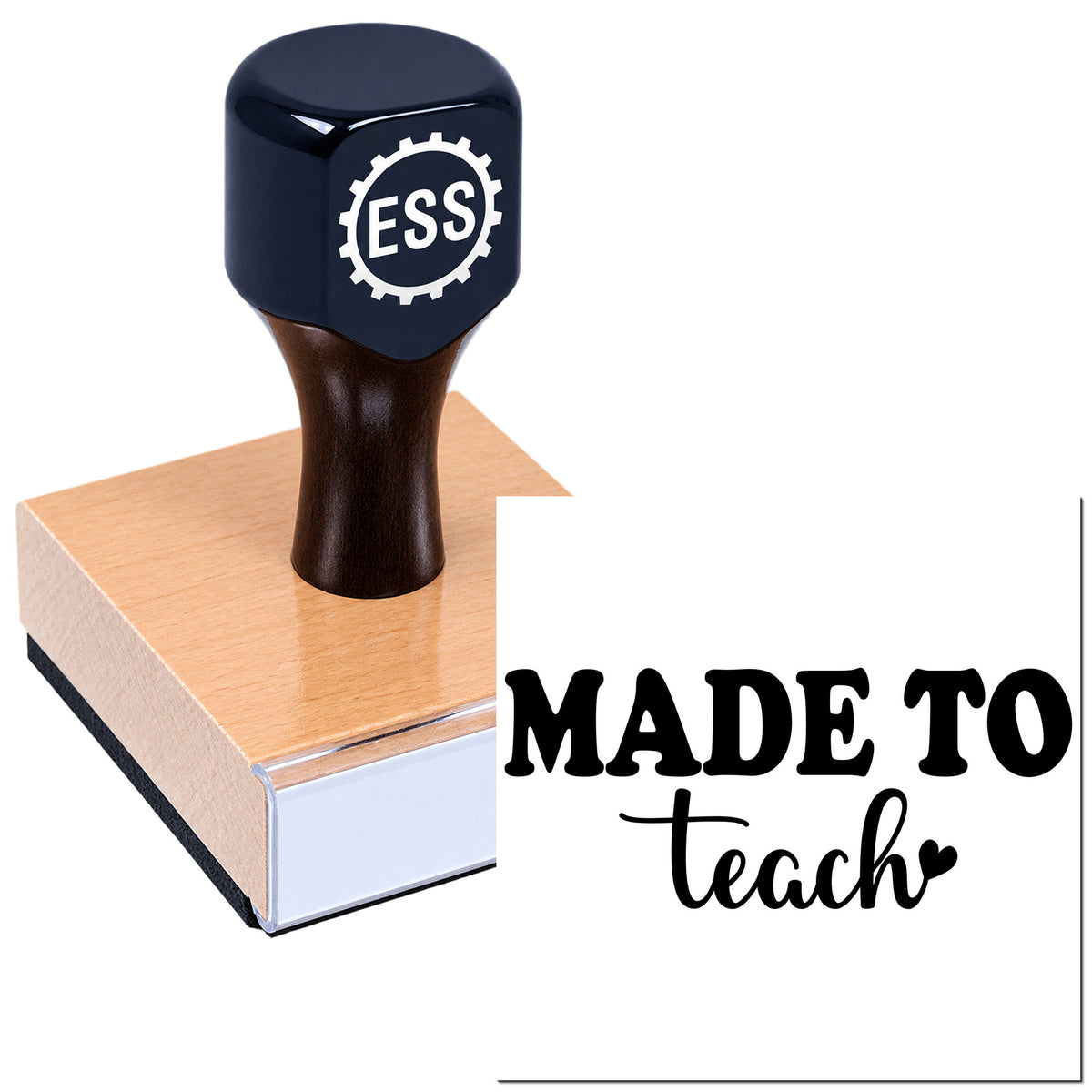 Black ESS custom stamp and seal on a pink wooden block with white gear logo and "Made to Teach" text.