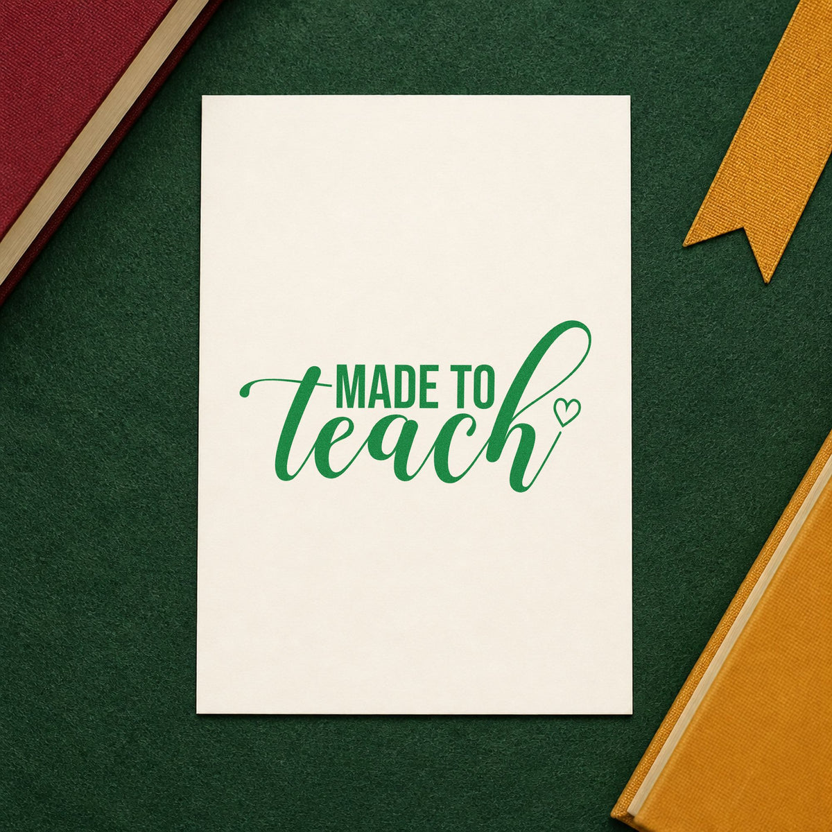 Made To Teach Outline Heart craft stamp imprint in green ink on a handmade project, one idea being practice sheet pages.
