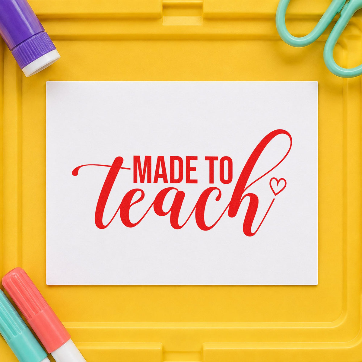 Made To Teach Outline Heart rubber stamp shown in red ink, stamped for projects such as craft club notes.