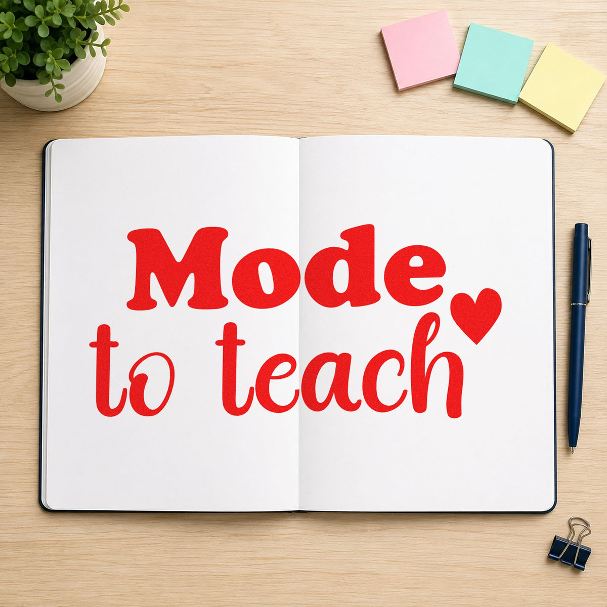 Made To Teach Simple rubber stamp shown in red ink, stamped for projects such as design club notes.