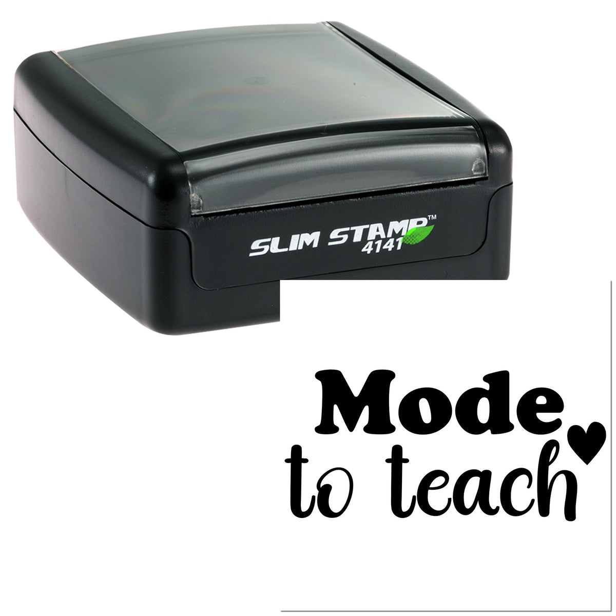 Black self-inking stamp and seal with clear top, labeled SLIM STAMP 4141 and Mode to Teach.