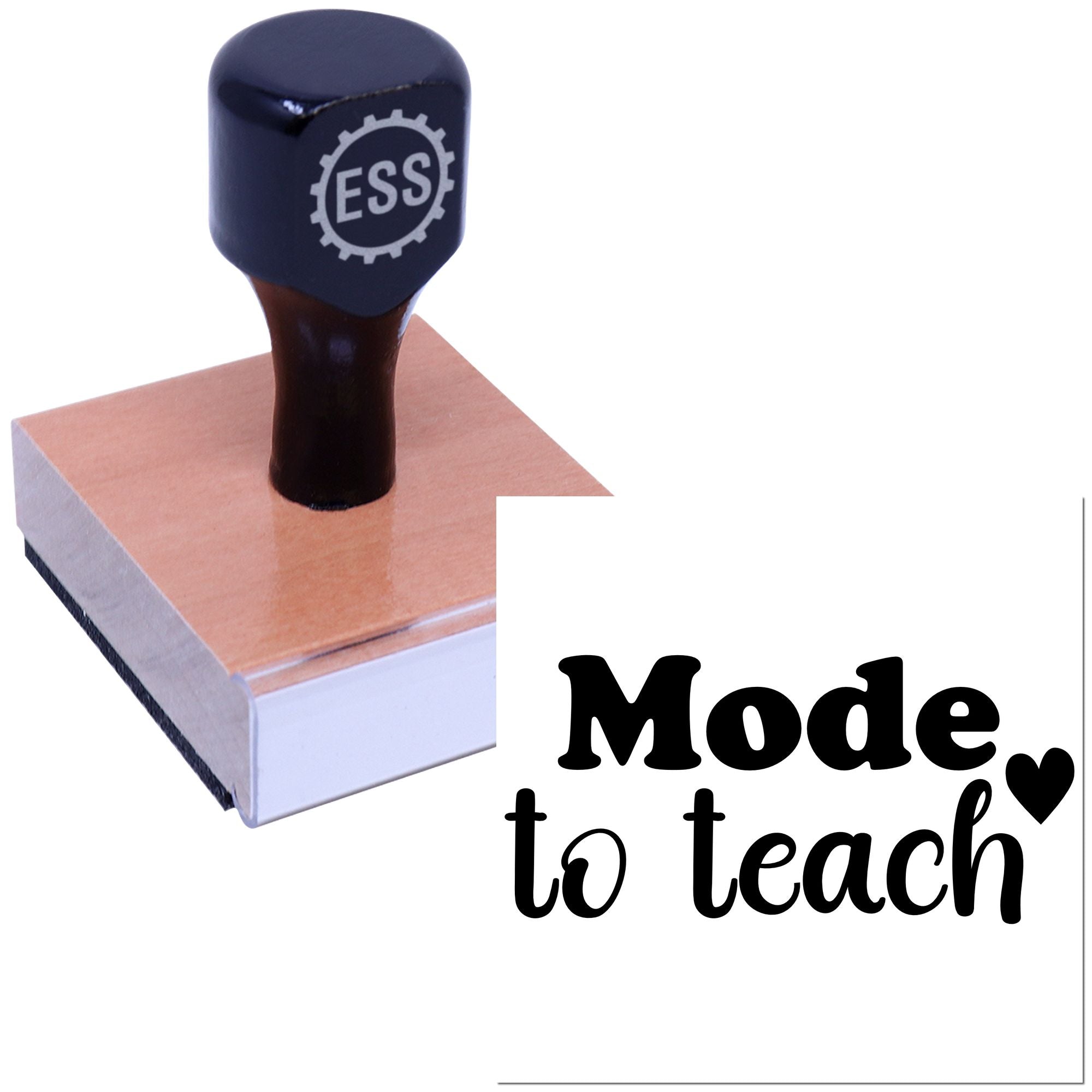Black ESS self-inking stamp seal on a wooden base with Mode to Teach text on a white background.