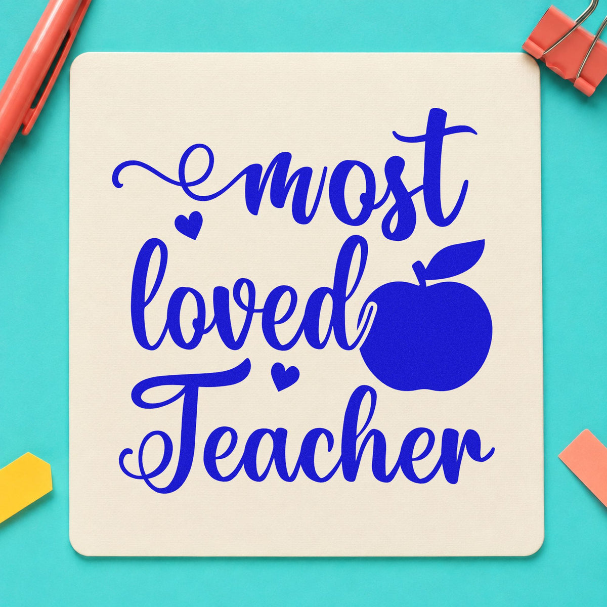 Most Loved Teacher Apple craft stamp in blue ink on cardstock, an easy option for chair pocket panels.