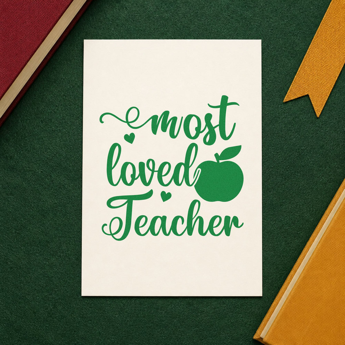 Most Loved Teacher Apple craft stamp imprint in green ink on a handmade project, one idea being framed class photo.