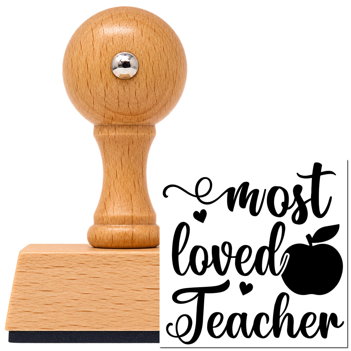 Vintage Pro beech wood stamp with a round knob handle, shown with its black Most Loved Teacher Apple imprint on white.