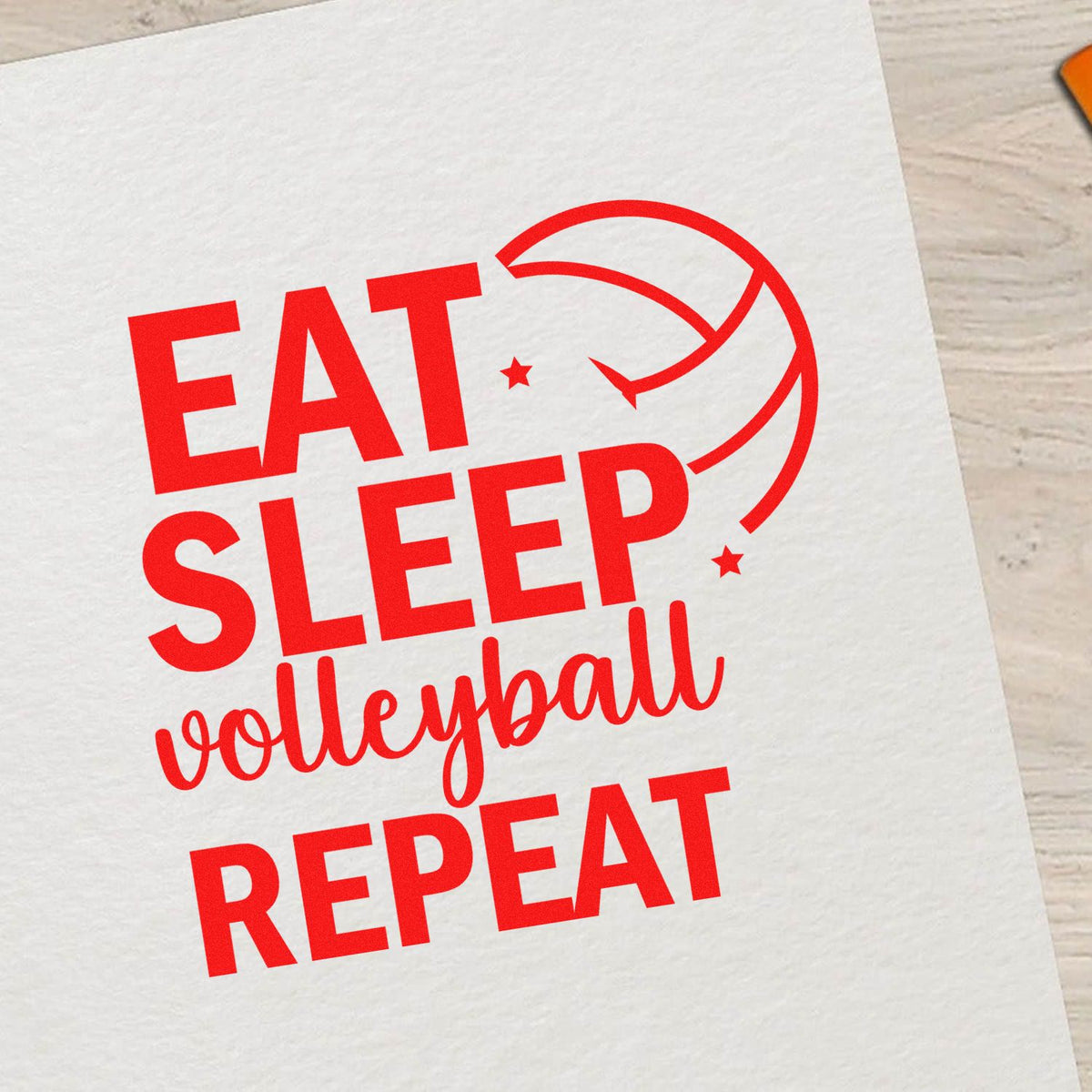 Red Eat Sleep Volleyball Repeat stamp and seal design with volleyball graphic on white paper.