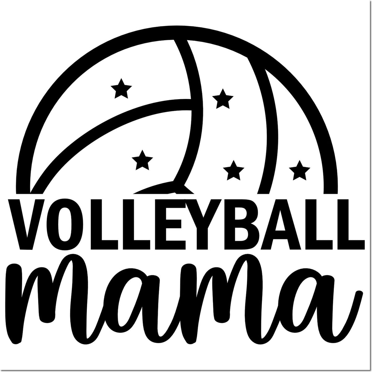 Black volleyball mama stamp/seal design with volleyball and stars on a white background.