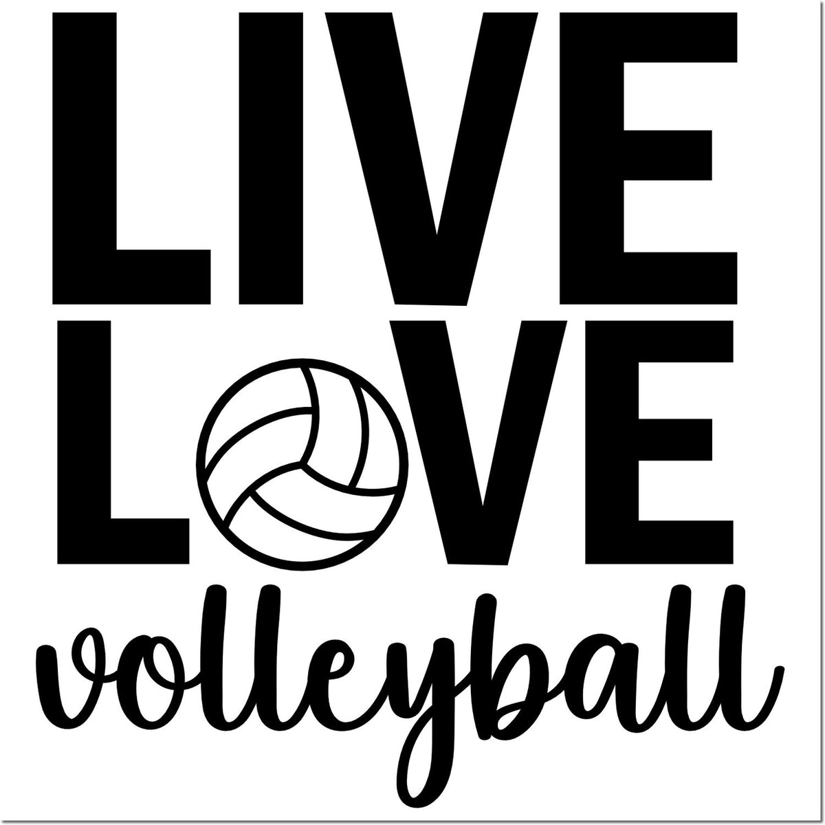 Black Live Love Volleyball stamp and seal design with volleyball icon on white background.