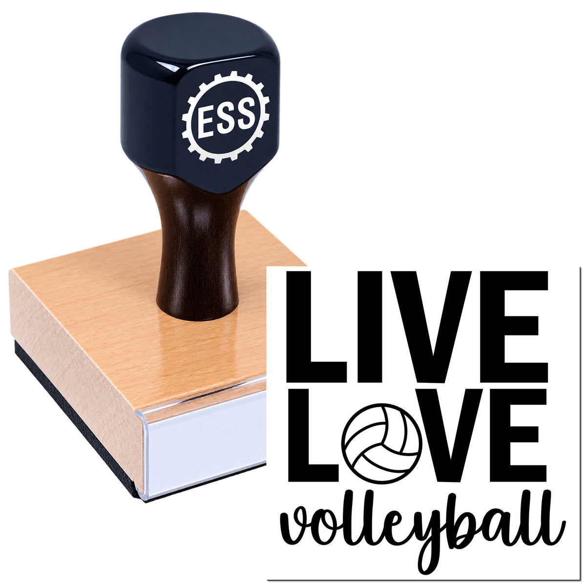 Black ESS rubber seal stamp with wood handle on a peach block, beside bold black LIVE LOVE volleyball text.