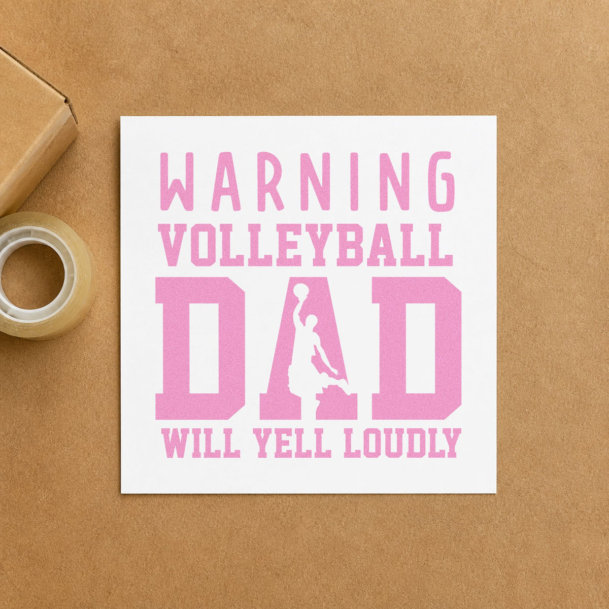 Warning Volleyball Dad Loud craft stamp in purple ink on cardstock, an easy option for tournament tees.