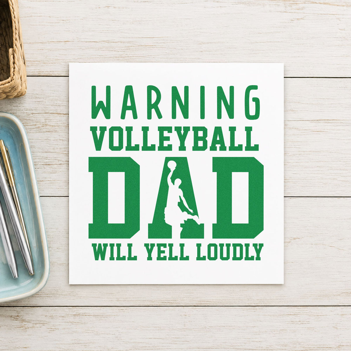 Warning Volleyball Dad Loud craft stamp imprint in green ink on a handmade project, one idea being birthday gift tags.