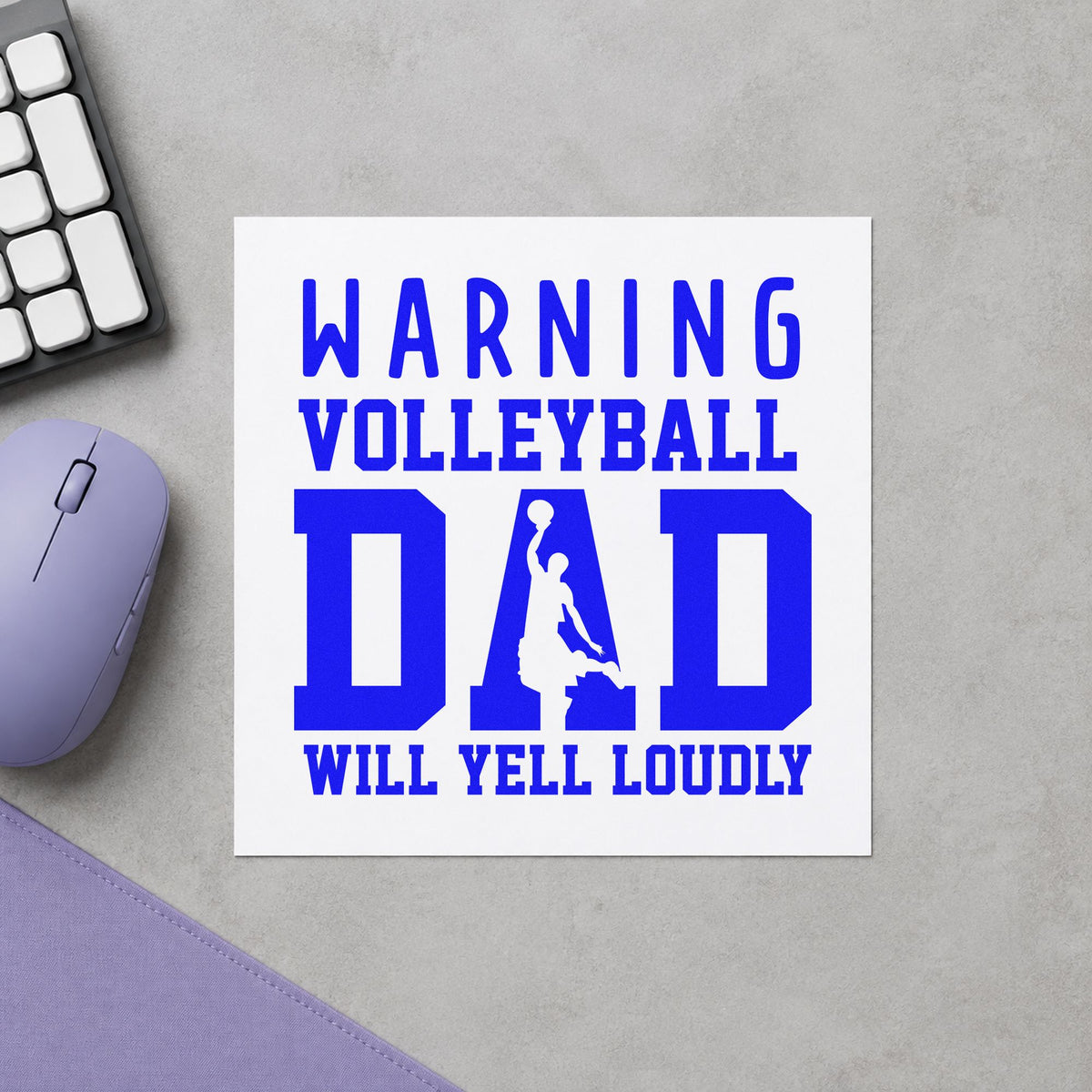 Warning Volleyball Dad Loud craft stamp in blue ink on cardstock, an easy option for bleacher dad pages.