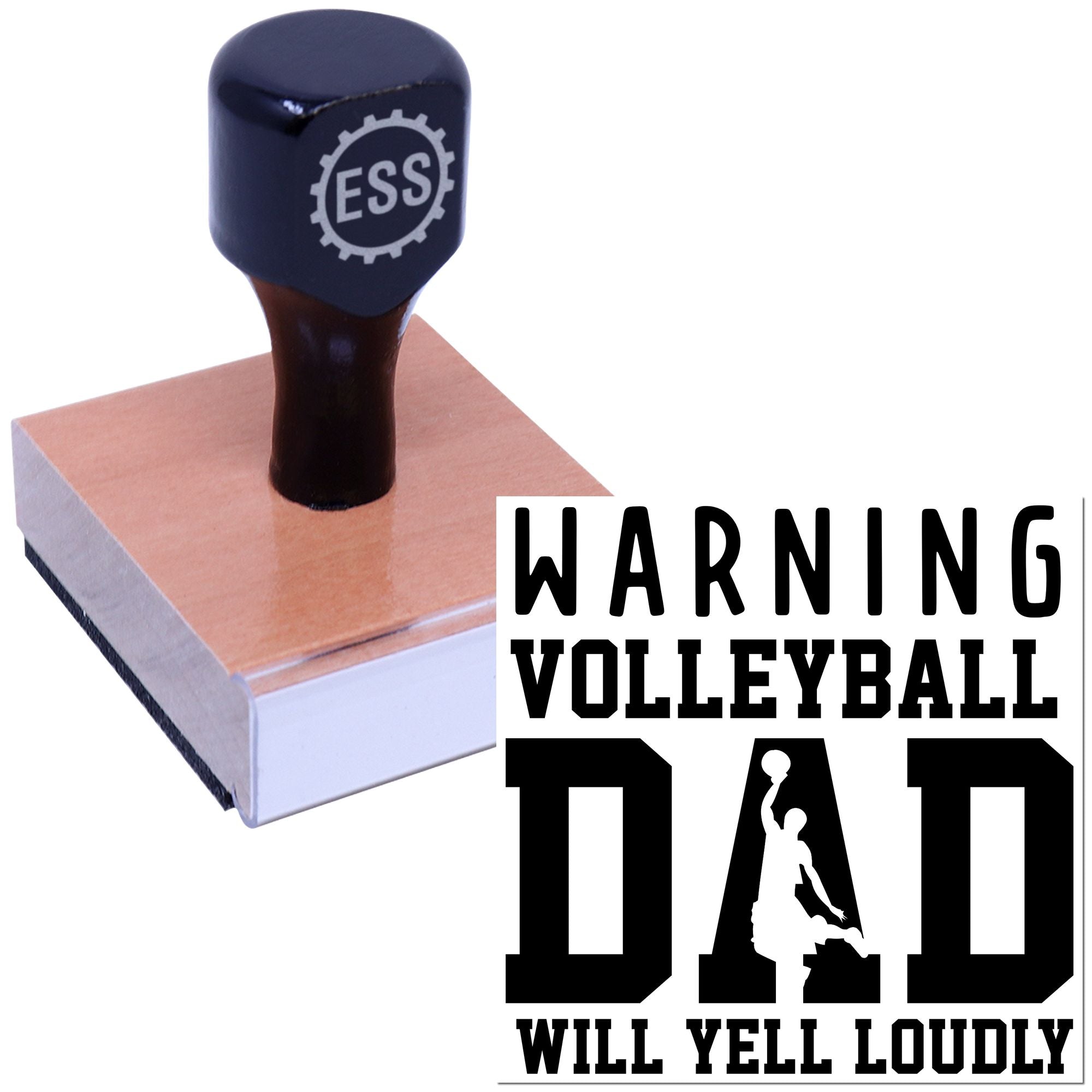 Dark navy ESS self-inking stamp on copper seal block with black-and-white "Warning Volleyball Dad Will Yell Loudly" text.