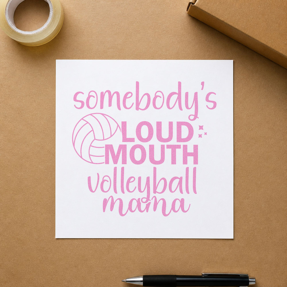 Loud Mouth Volleyball Mama craft stamp in purple ink on cardstock, an easy option for cheer squad tags.