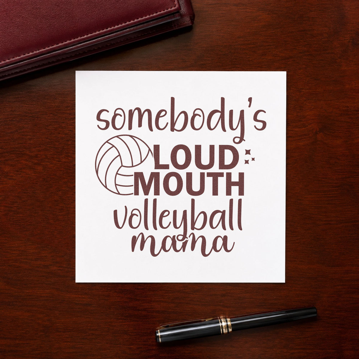 Loud Mouth Volleyball Mama rubber stamp printed in brown ink, ready for megaphone labels and similar paper crafts.