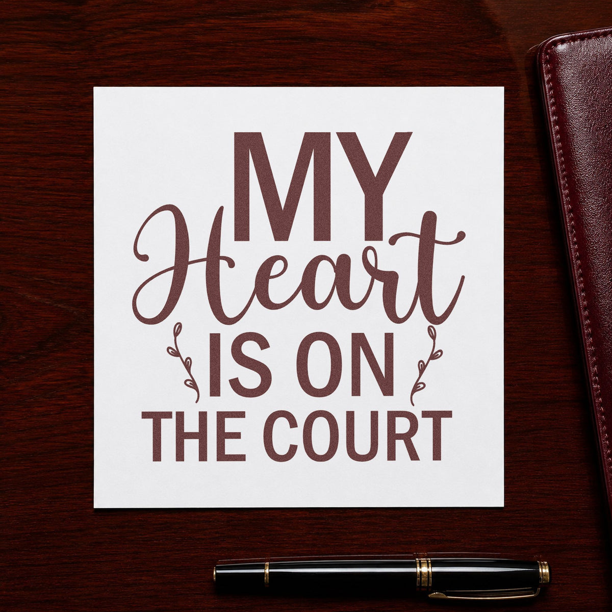 My Heart On The Court rubber stamp printed in brown ink, ready for retired ball labels and similar paper crafts.