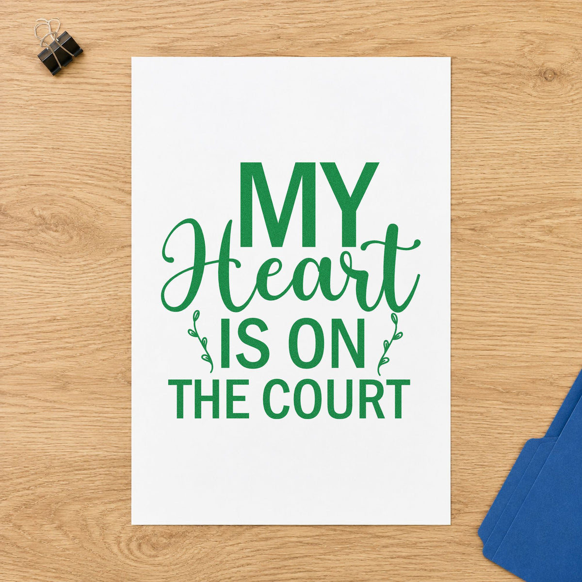 My Heart On The Court craft stamp imprint in green ink on a handmade project, one idea being framed jersey case.