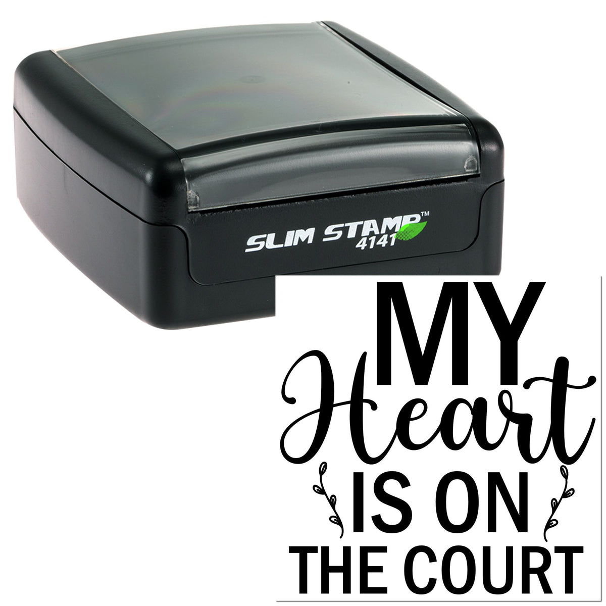 Black self-inking stamp with custom seal reading My Heart Is On The Court in bold black on white.