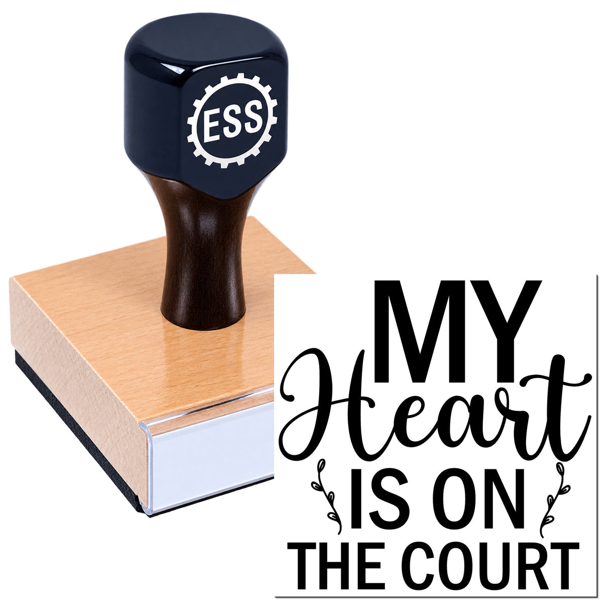 Black and blue custom stamp and seal with wooden base, featuring "My Heart Is On The Court" text.