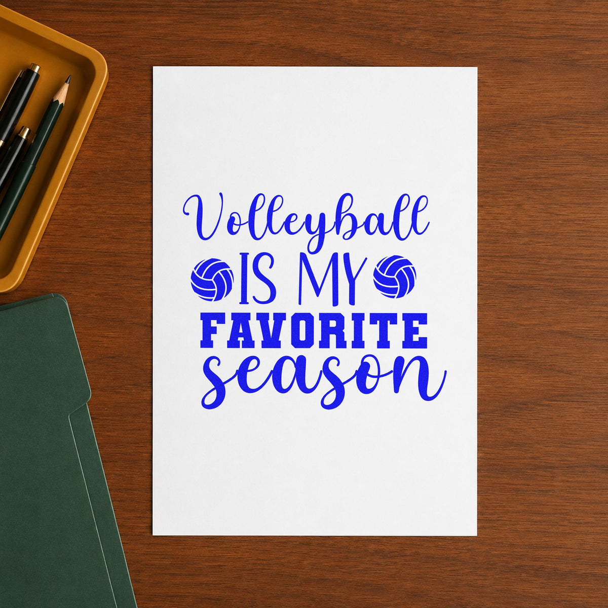 Volleyball Favorite Season craft stamp in blue ink on cardstock, an easy option for duffel side panels.